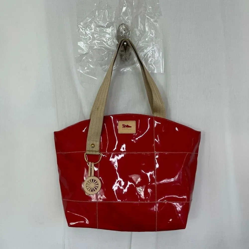Salvatore Ferragamo Red Beige Patent Leather Tote with Keychain # AU 21 7480